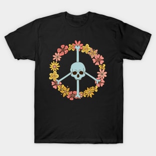 Flower peace sign skull - groovy retro vintage T-Shirt